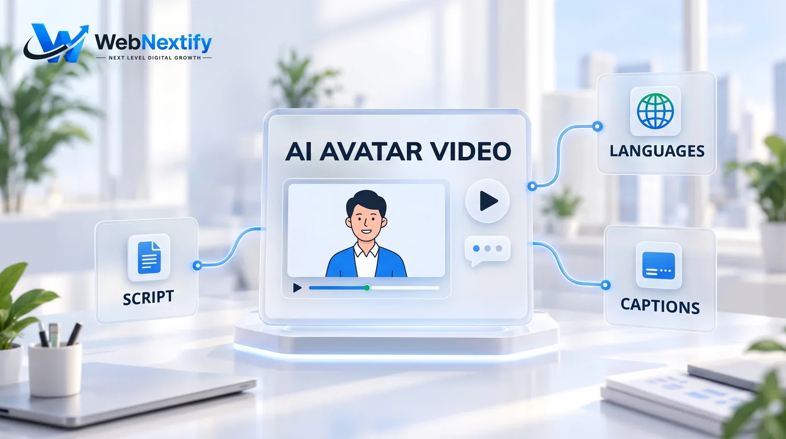 Glass AI avatar video dashboard with a stylized presenter and cards for script, languages and captions