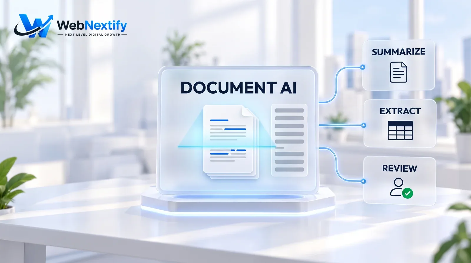 Glass document AI dashboard scanning business documents with cards for summarize, extract and review