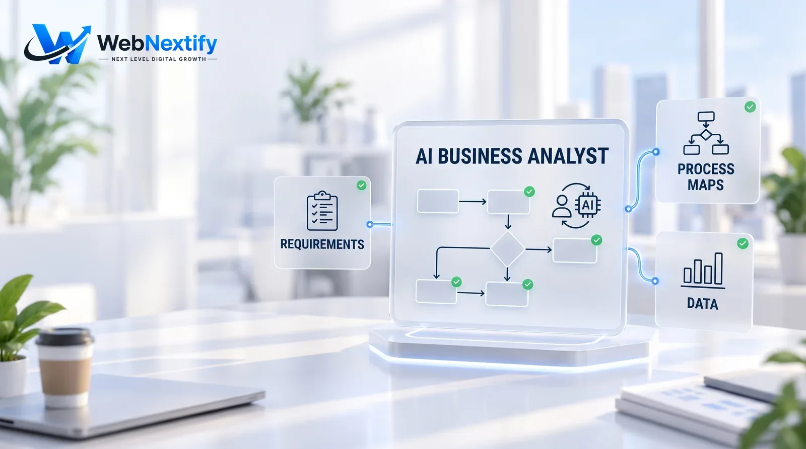Glass dashboard showing a business analyst and AI working on a process map with cards for requirements, process maps and data