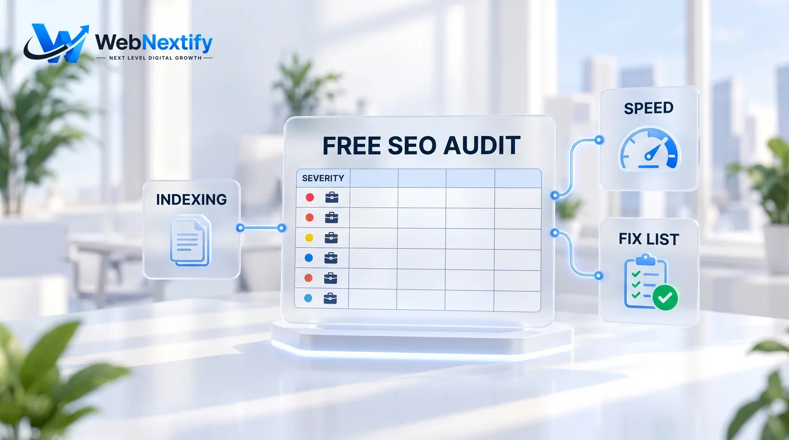 Glass free SEO audit dashboard with an organized findings grid and cards for indexing, speed and fix list