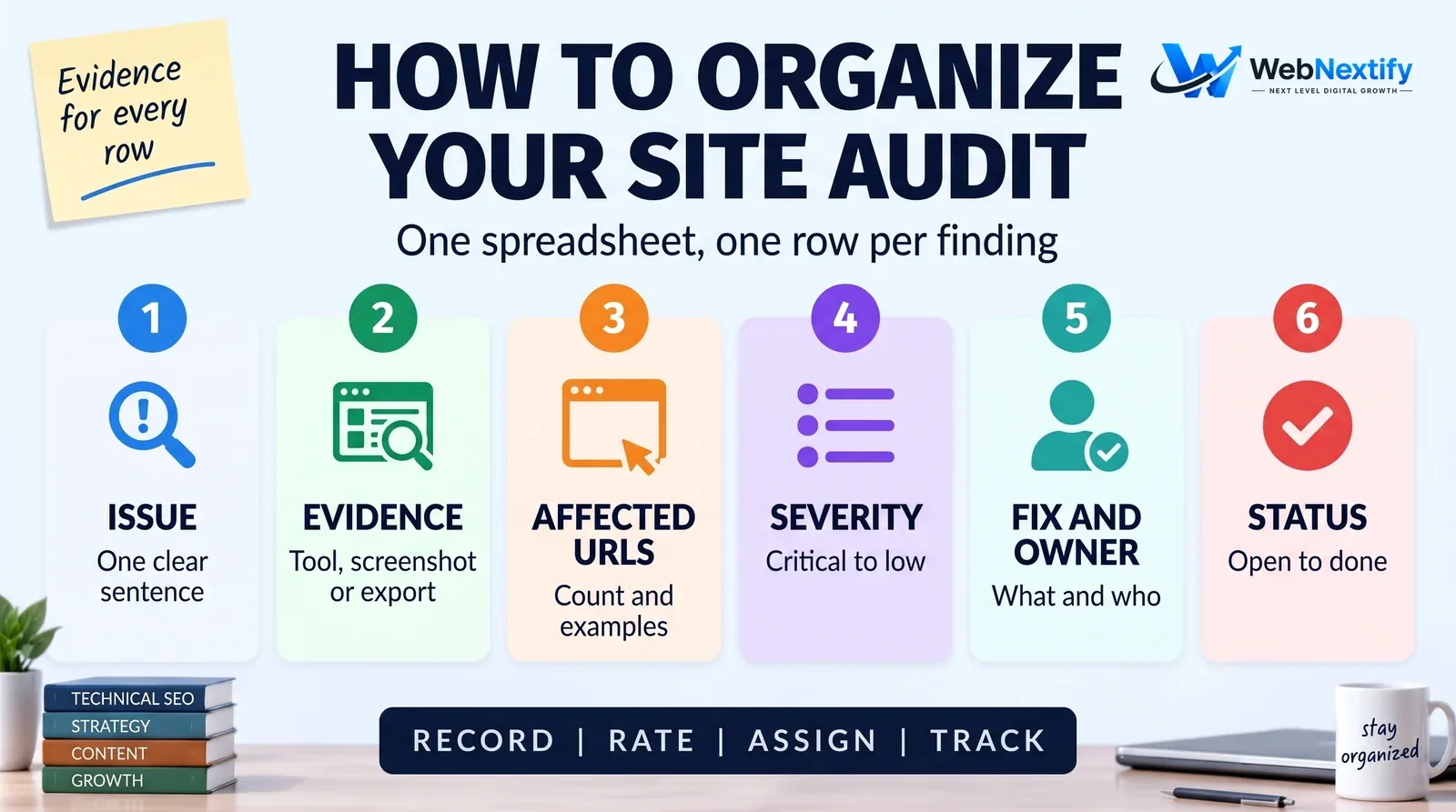 Six fields to record for each finding when organizing a site audit