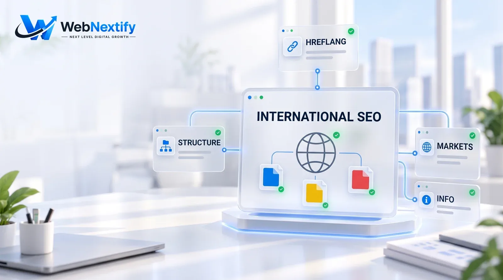 Glass international SEO dashboard with a globe and connected market pages, plus cards for hreflang, structure and markets