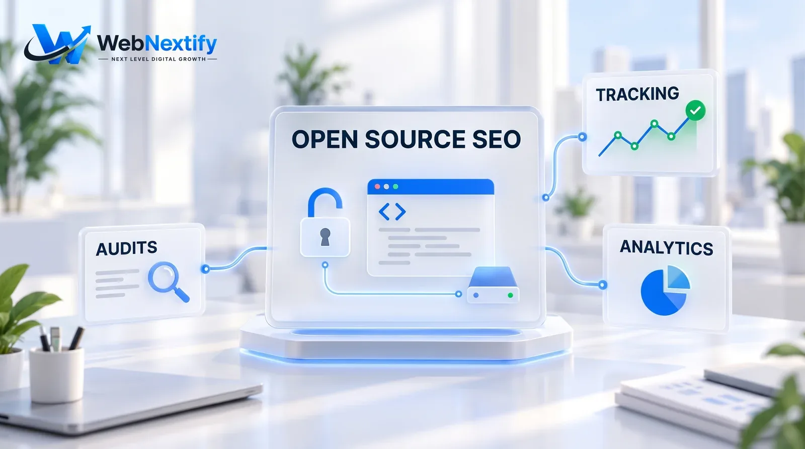 Glass open source SEO dashboard with code, server and cards for audits, tracking and analytics