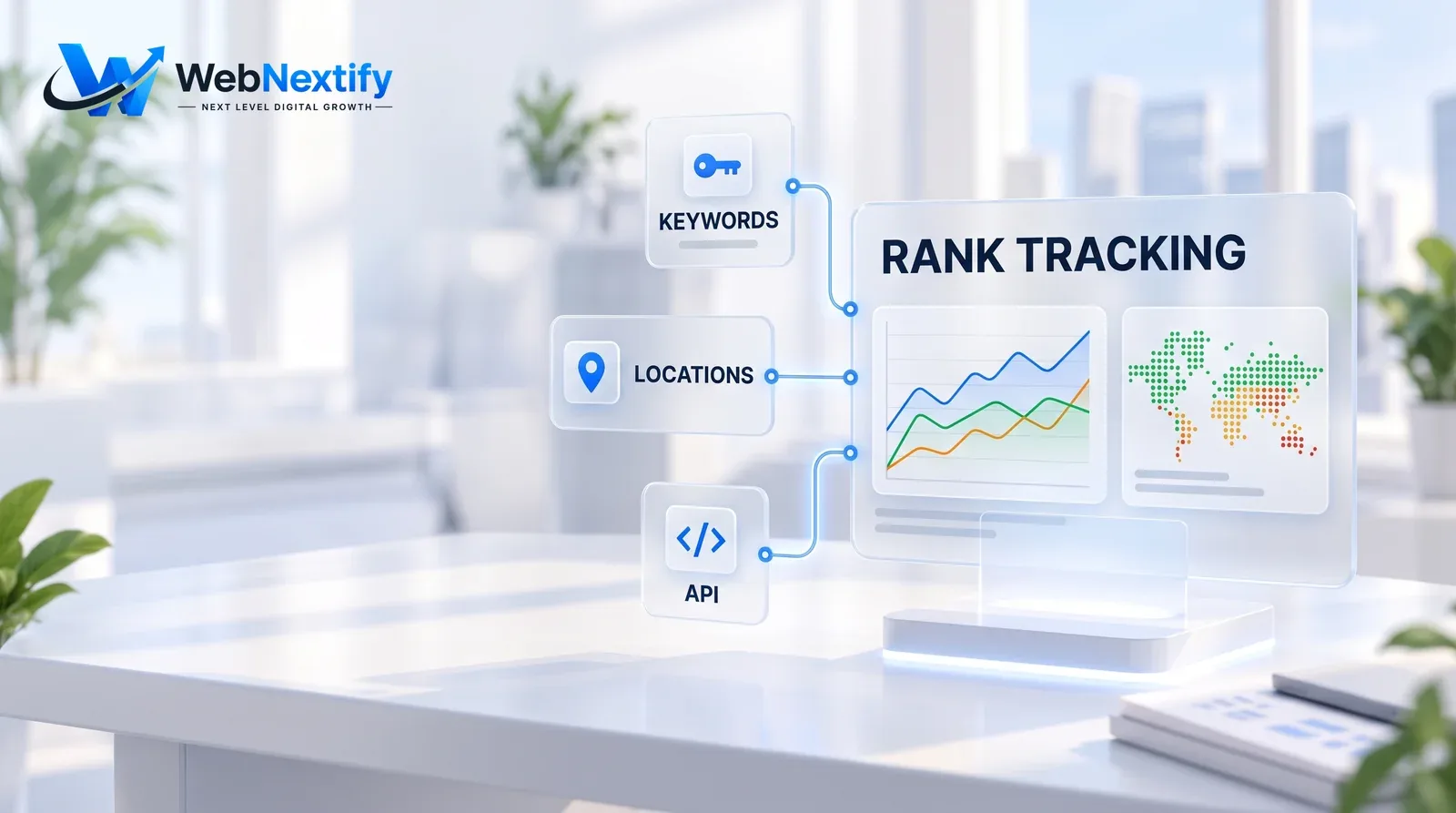 Glass rank tracking dashboard with ranking trend lines, a local grid map and cards for keywords, locations and API