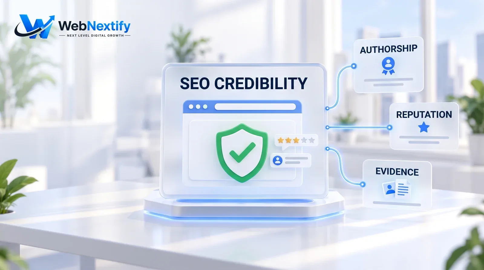 Glass SEO credibility dashboard with a trust shield and cards for authorship, evidence and reputation