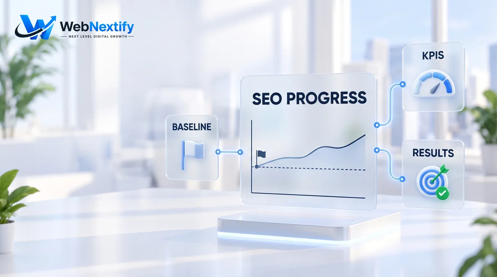 Glass SEO progress dashboard showing growth above a recorded baseline with cards for baseline, KPIs and results