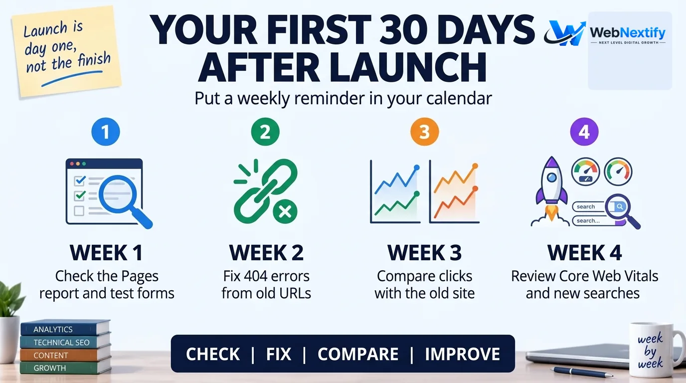 Weekly checks for the first 30 days after a website launch