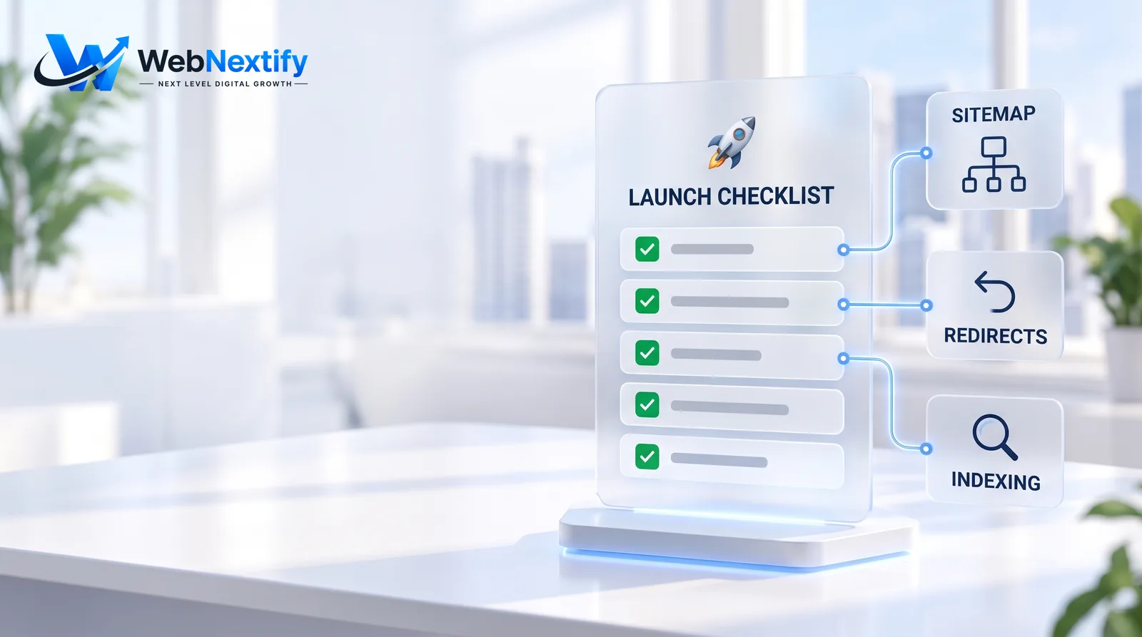 Glass launch checklist dashboard with cards for sitemap, redirects and indexing