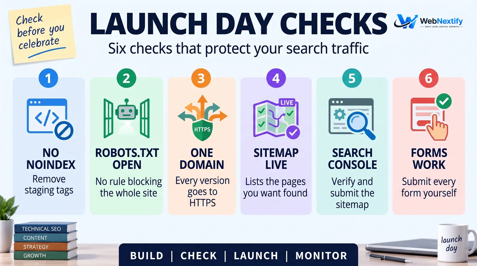 Six launch day checks: noindex removed, robots.txt open, one domain, sitemap, Search Console and forms