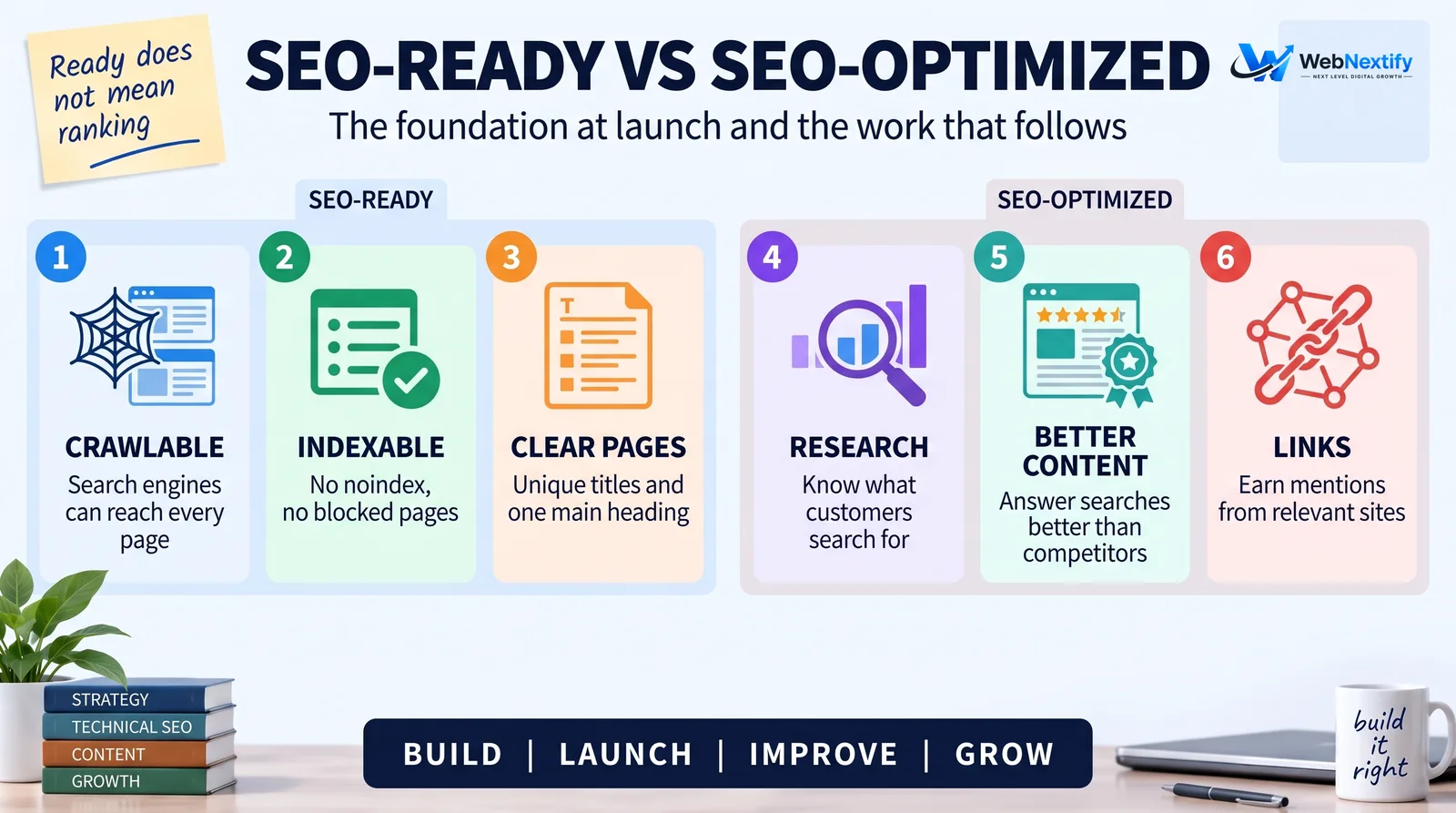 Comparison of SEO-ready foundations and the ongoing work of SEO optimization