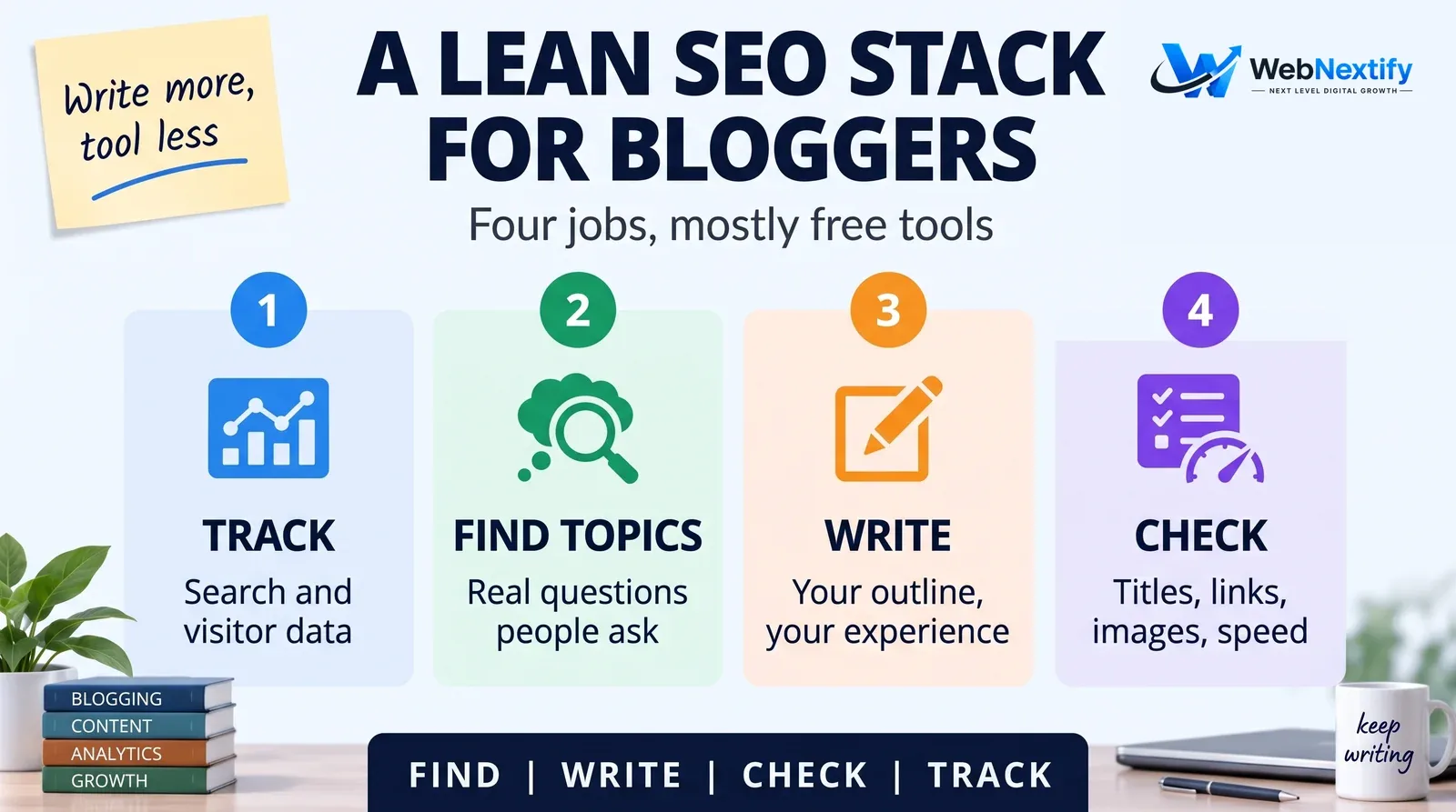 Four jobs a lean blogger SEO tool stack should cover
