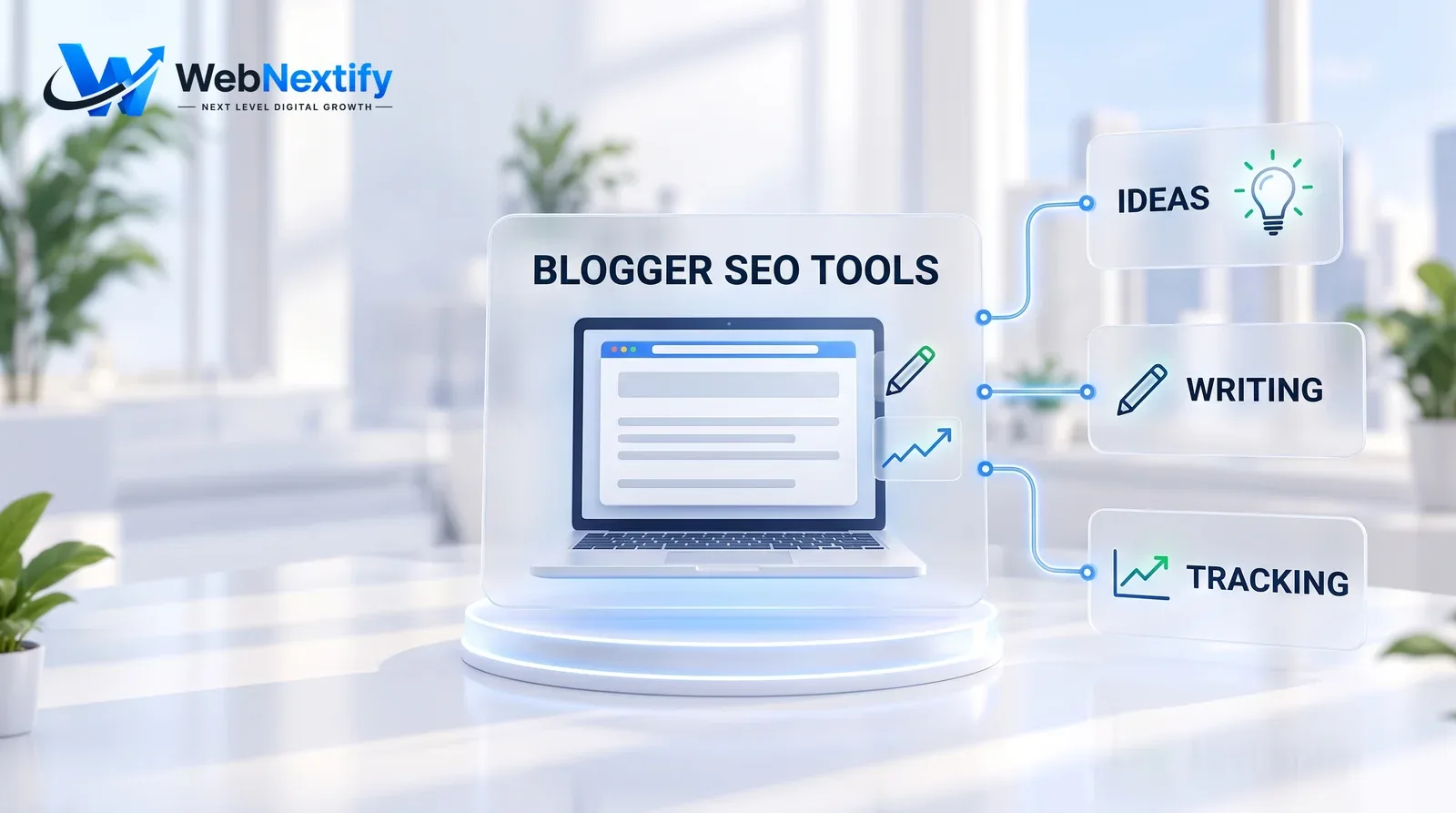 Glass blogger SEO tools dashboard with a blog post layout and cards for ideas, writing and tracking