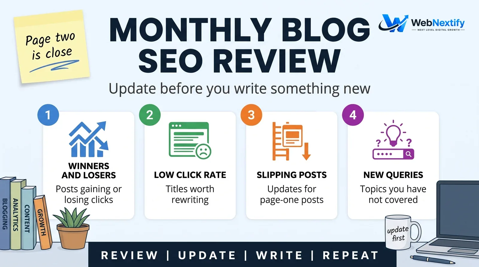 Four things to check in a monthly blog SEO review