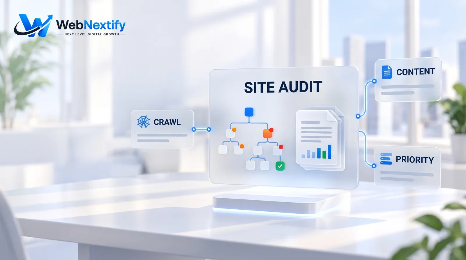 Glass site audit dashboard with a crawled site tree and cards for crawl, content and priority