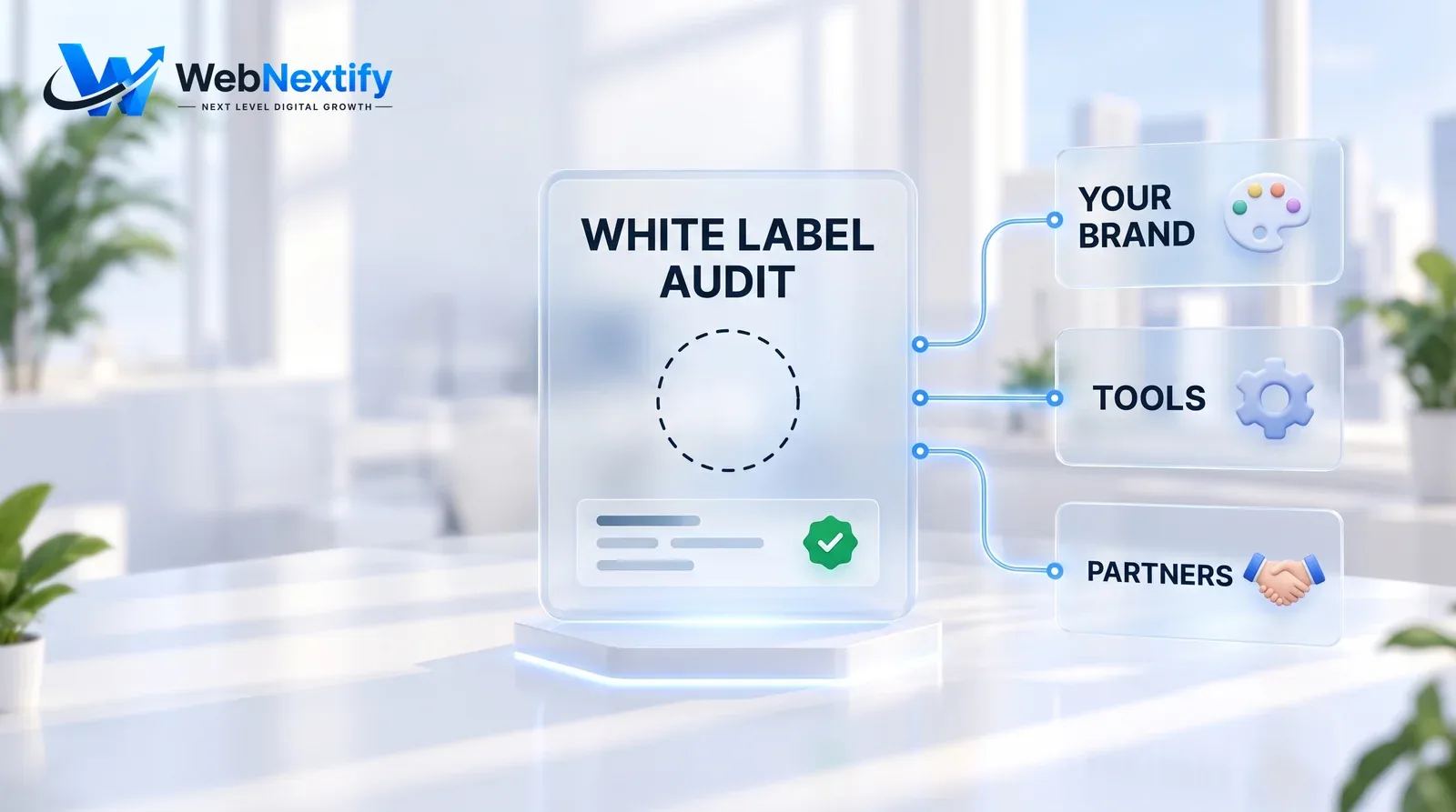 Glass white label SEO audit dashboard with a blank brand placeholder and cards for brand, tools and partners